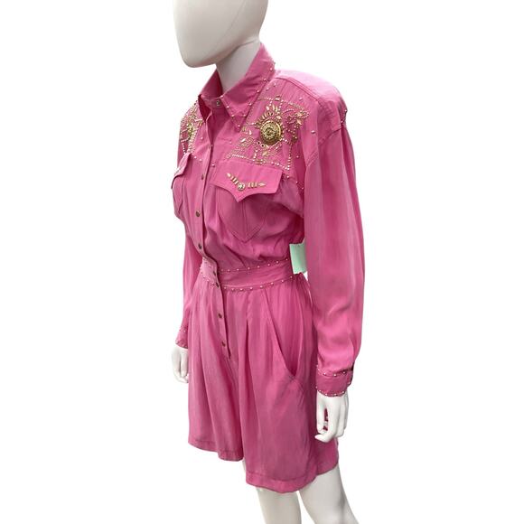 VTG Caché Romper Women’s SZ S Long Sleeve Gold Rivets &Studs Rhinestones Pink - Picture 2 of 7